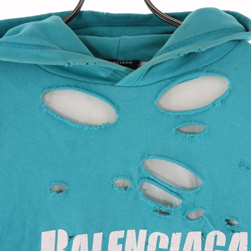 BALENCIAGA(バレンシアガ) 21SS Caps Destroyed Hoodie デストロイ ダメージ加工 ロゴプリント プルオーバースウェットパーカー フーディー ライトグリーン 659403