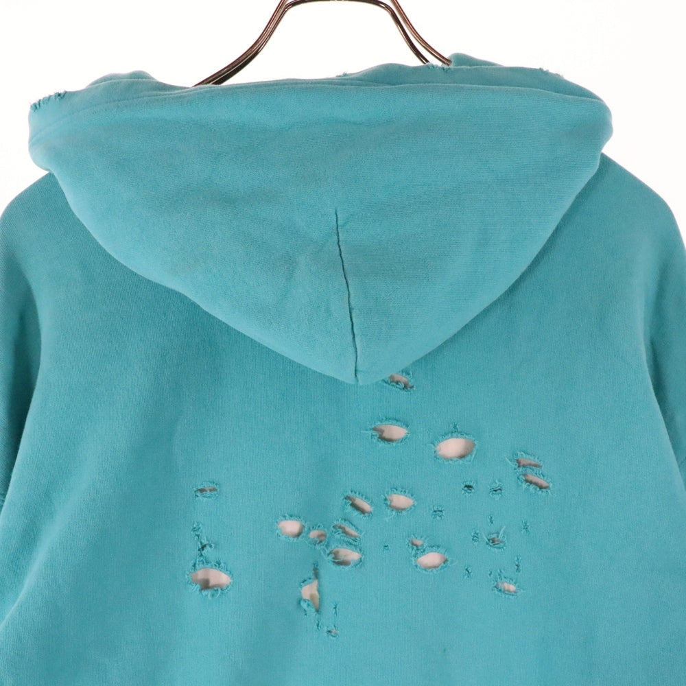 BALENCIAGA(バレンシアガ) 21SS Caps Destroyed Hoodie デストロイ ダメージ加工 ロゴプリント プルオーバースウェットパーカー フーディー ライトグリーン 659403