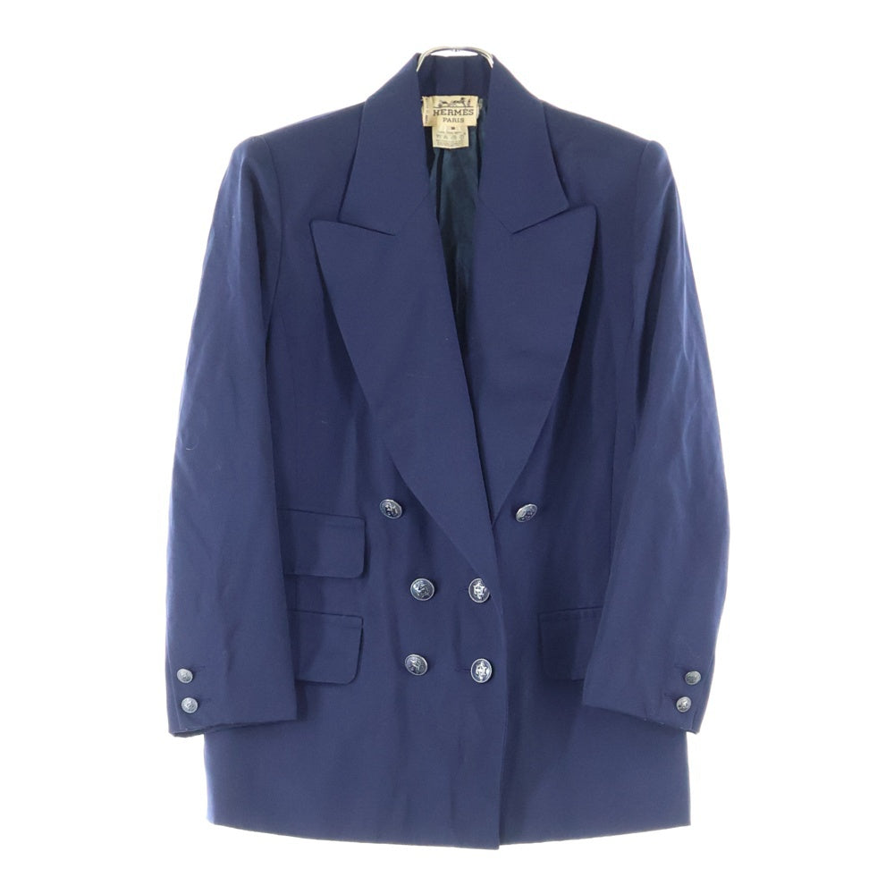 HERMES(エルメス) アンカー Hロゴボタン ウール ダブルブレスト ピークドラペル テーラードジャケット ネイビーブルー レディース