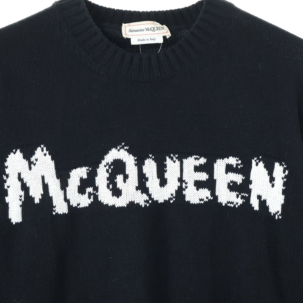 Alexander McQueen(アレキサンダーマックイーン) ロゴ インターシャ コットン クルーネック プルオーバー 長袖ニット セーター ブラック 626454