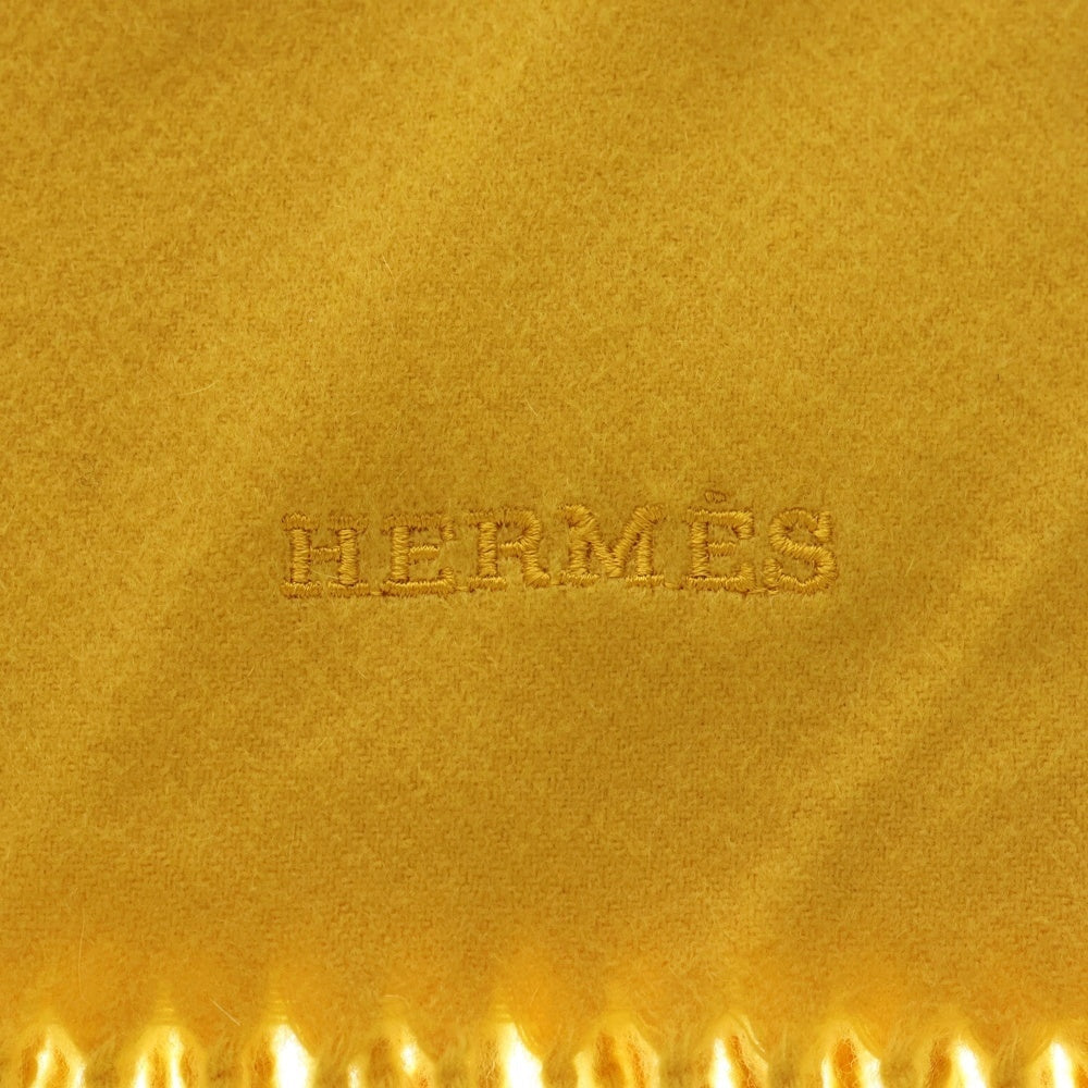 HERMES(エルメス) ワンポイントロゴ刺繍 カシミヤ フリンジ マフラー イエロー