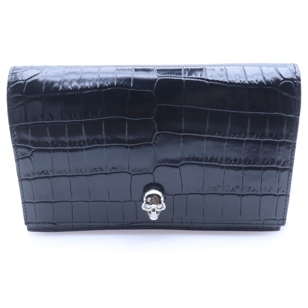 Alexander McQueen(アレキサンダーマックイーン) クロコ型押し エンボスレザー スカル チェーンショルダーバッグ ブラック 582358 レディース