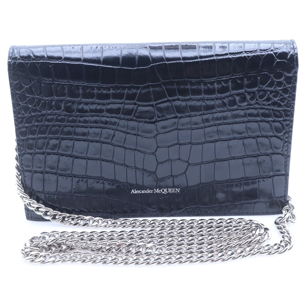 Alexander McQueen(アレキサンダーマックイーン) クロコ型押し エンボスレザー スカル チェーンショルダーバッグ ブラック 582358 レディース