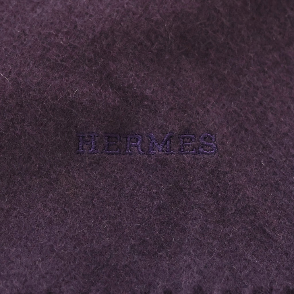 HERMES(エルメス) ロゴ刺繍 カシミヤ フリンジ マフラー パープル レディース