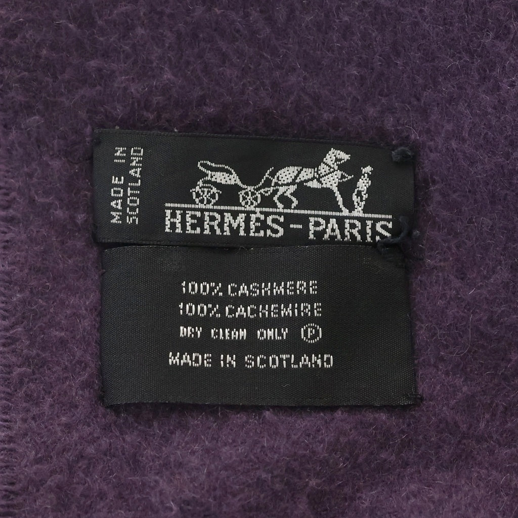 HERMES(エルメス) ロゴ刺繍 カシミヤ フリンジ マフラー パープル レディース