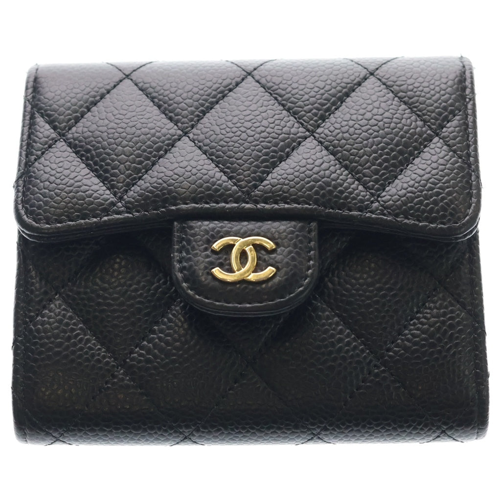 CHANEL(シャネル) マトラッセ キャビアスキン ゴールド金具 クラシック スモール フラップ ウォレット 三つ折り財布 ブラック AP0231 レディース