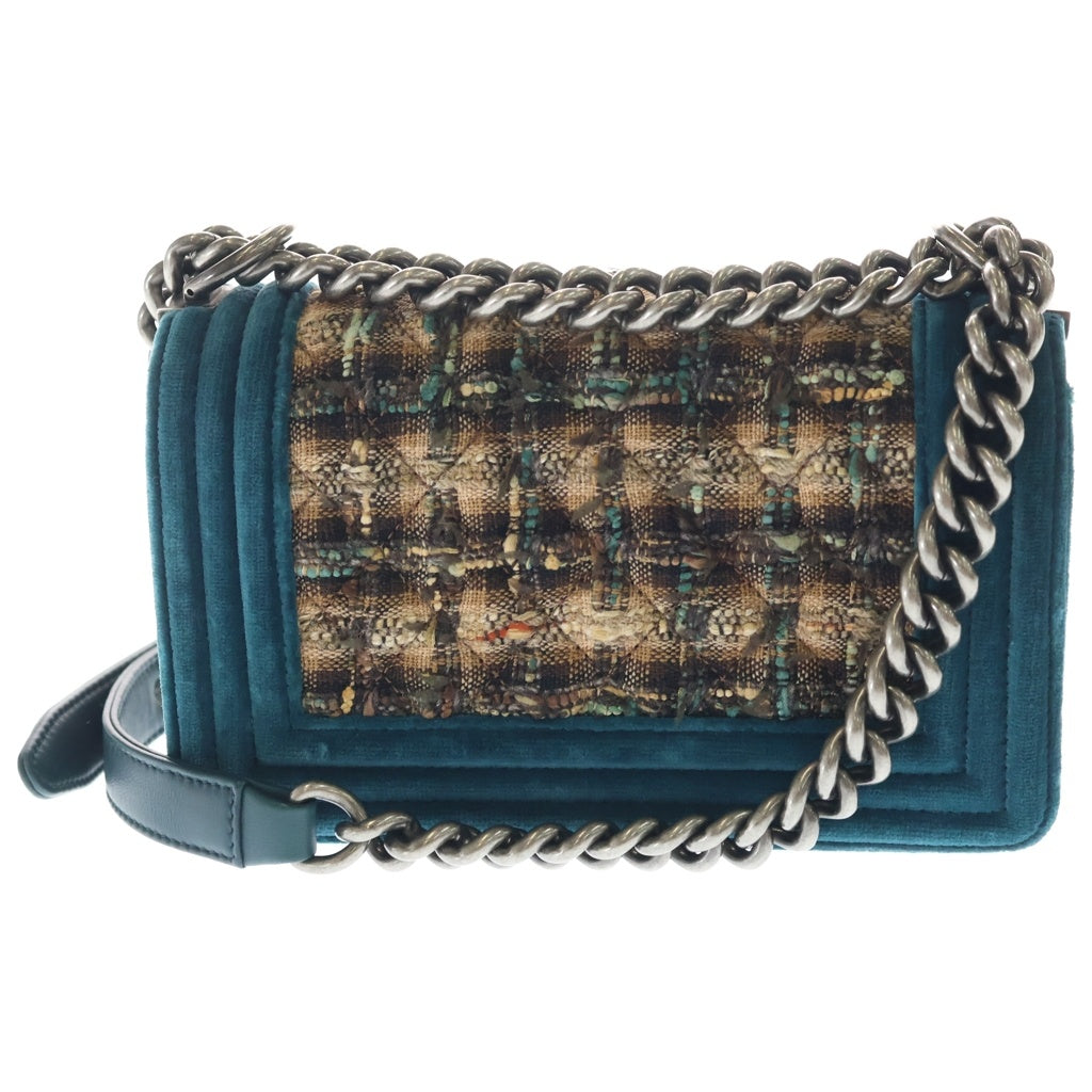 CHANEL(シャネル) ボーイシャネル マトラッセ ココマーク ベロア ツイード シルバー金具 チェーン ショルダーバッグ グリーン/ブラウン レディース