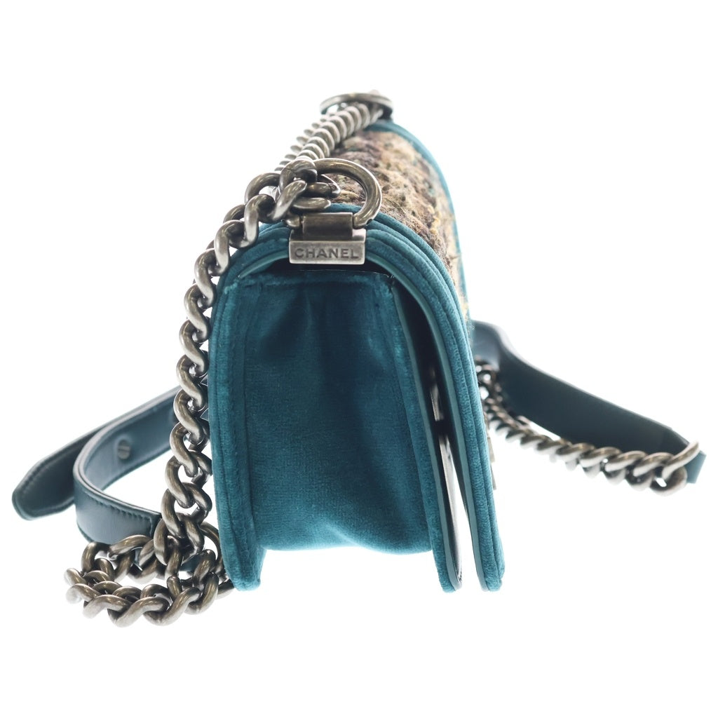 CHANEL(シャネル) ボーイシャネル マトラッセ ココマーク ベロア ツイード シルバー金具 チェーン ショルダーバッグ グリーン/ブラウン レディース