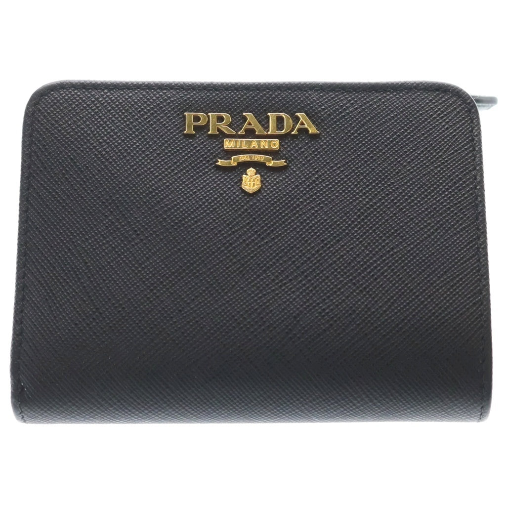 PRADA(プラダ) サフィアーノ 二つ折り財布 コンパクトウォレット コインケース ブラック×ピンク レザー 1ML018 ゴールド金具 レディース