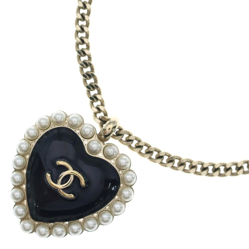 CHANEL(シャネル) ココマーク フェイクパール ハート ネックレス メタル ブラック×ゴールド ABG221 B21625 レディース