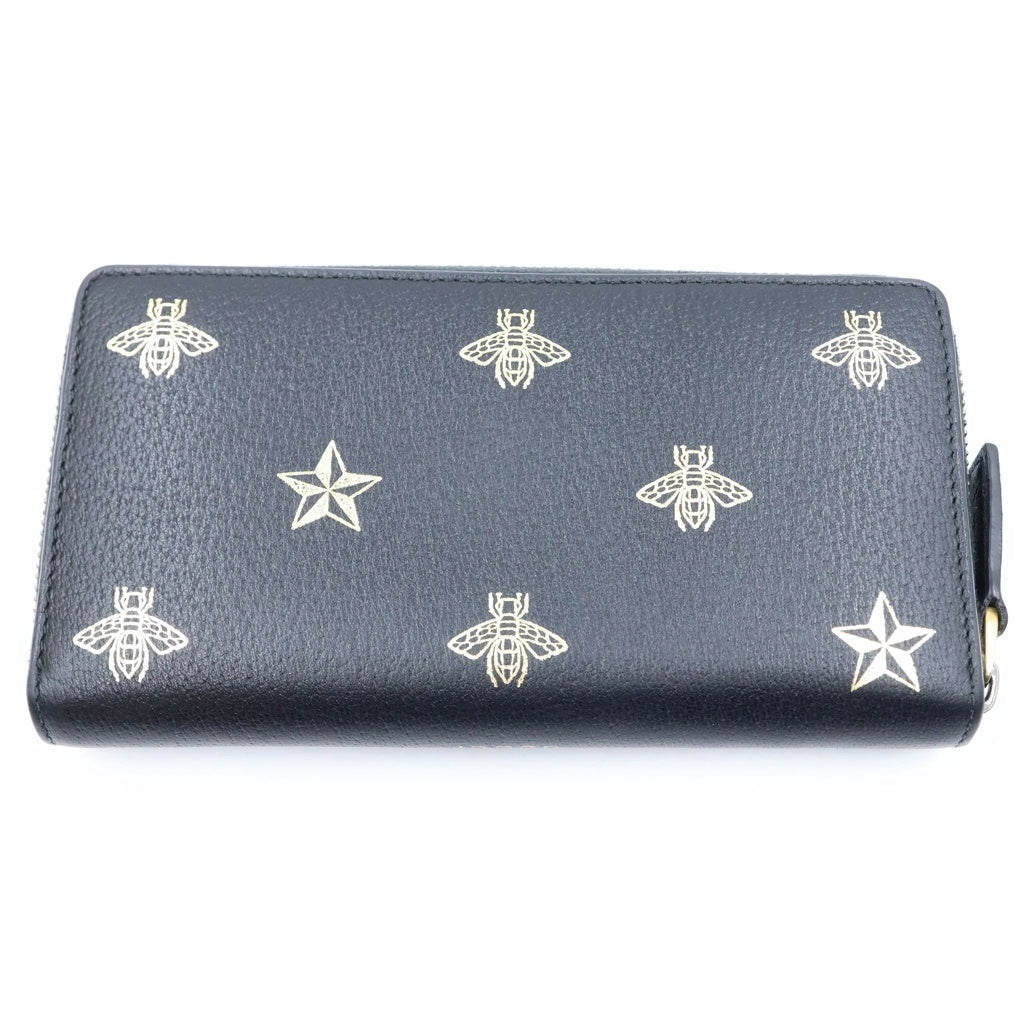 GUCCI(グッチ) Bee ラウンドファスナーウォレット 長財布 カードケース ブラック レザー ゴールド金具 レディース