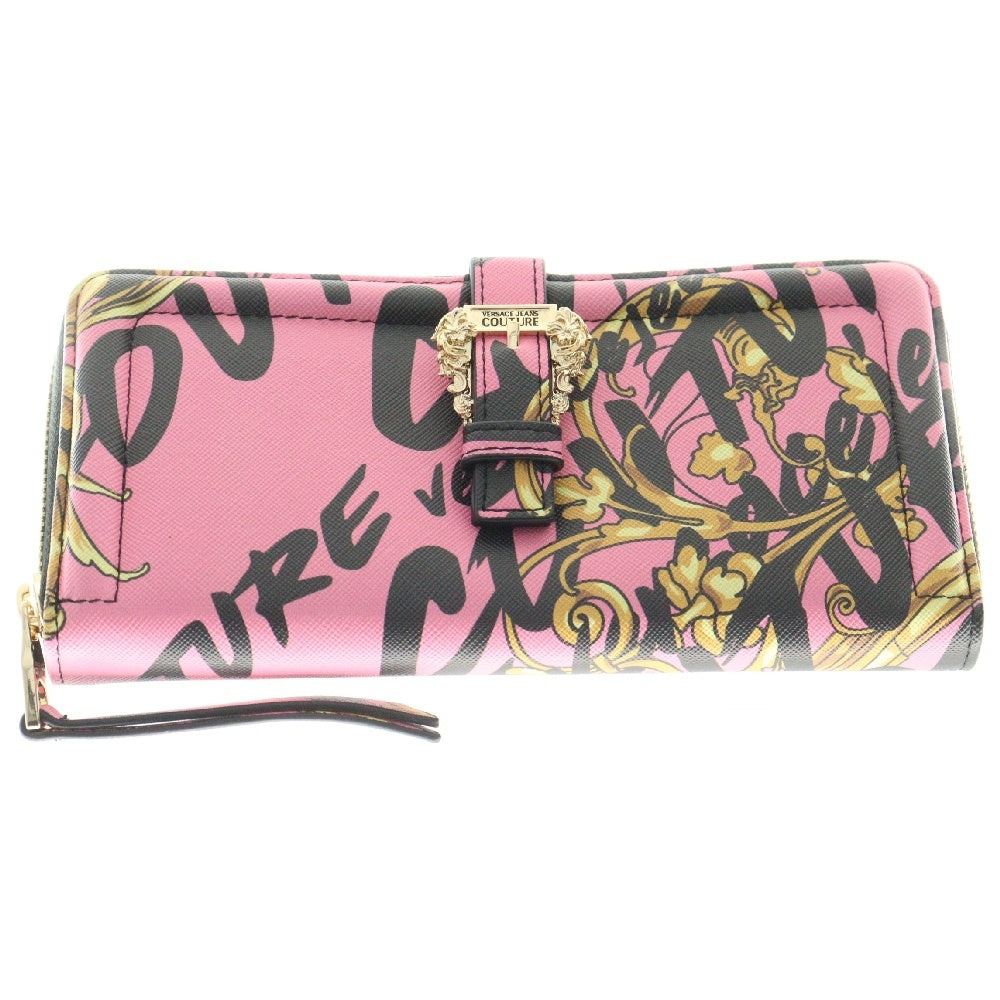 VERSACE JEANS COUTURE(ヴェルサーチジーンズクチュール) バロック ロゴ ラウンドファスナー 長財布 ピンク ゴールド金具 PVC 総柄 ウォレット