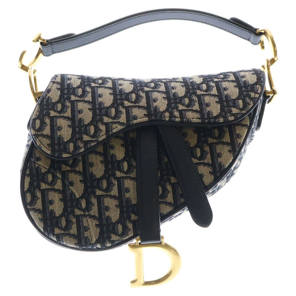 Christian Dior(クリスチャンディオール) トロッター サドルバッグ ミニ ハンドバッグ ネイビー×ベージュ キャンバス ゴールド金具 ×レザー