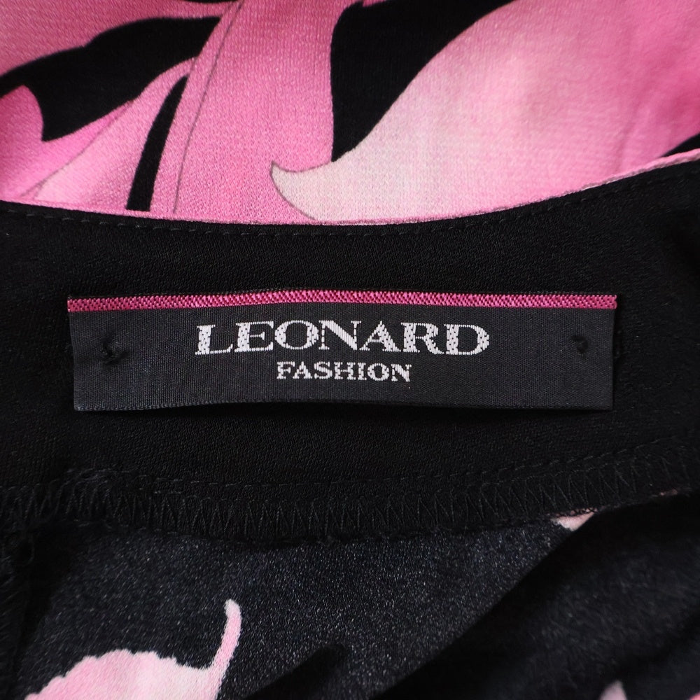 LEONARD(レオナール) フラワー 花 総柄プリント アセテート ノースリーブ ミディアムワンピース ドレス ブラック/ピンク レディース 0120232