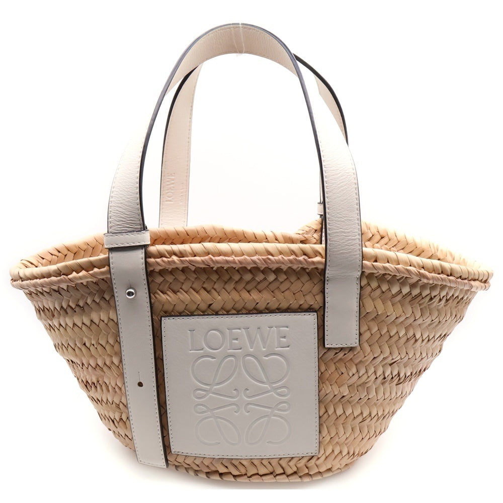 LOEWE(ロエベ) かごバッグ バスケットバッグ スモール ハンドバッグ ホワイト×ナチュラル レザー×ヤシの葉 レディース