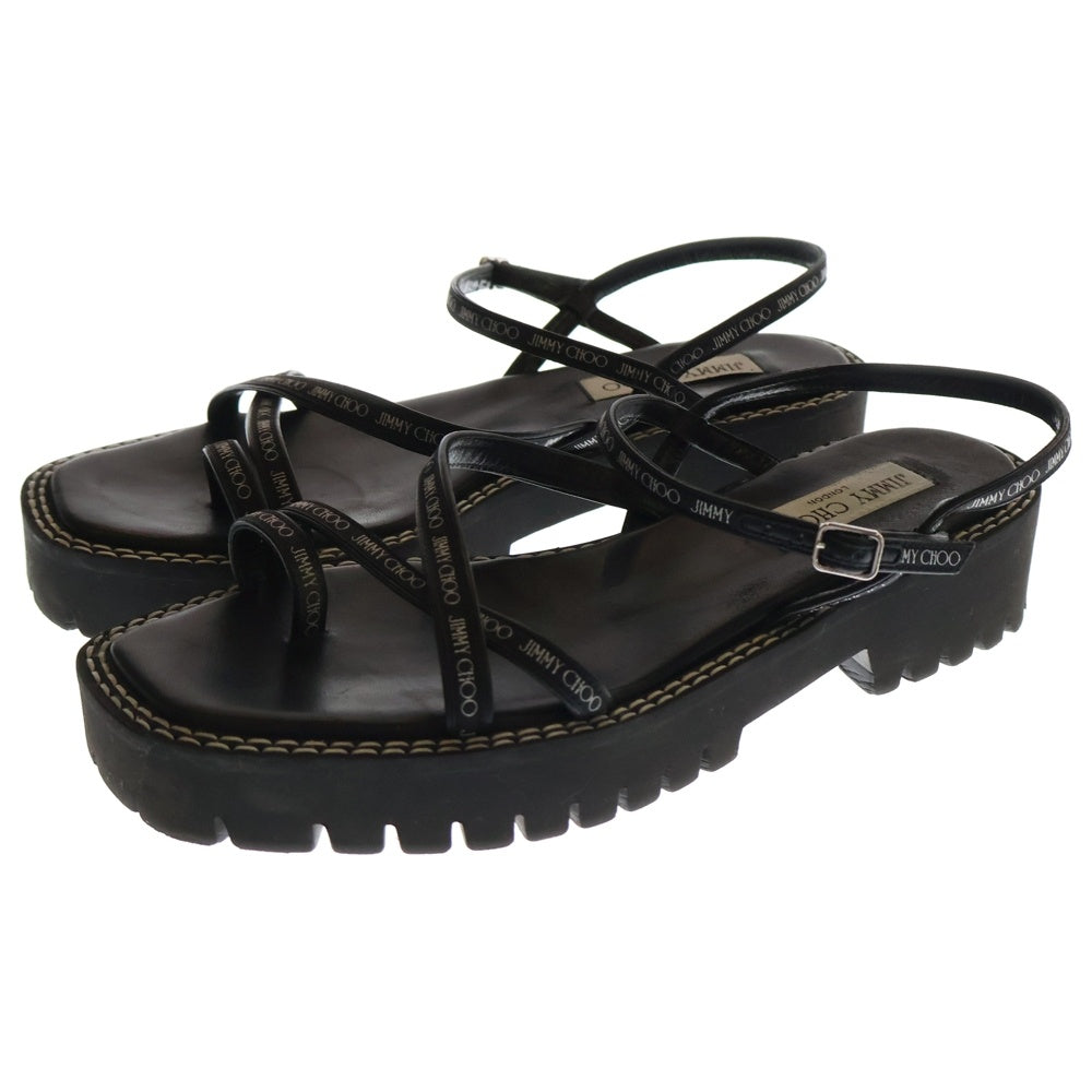 JIMMY CHOO(ジミーチュウ) ロゴプリント ストラップ レザー フラットサンダル ブラック レディース