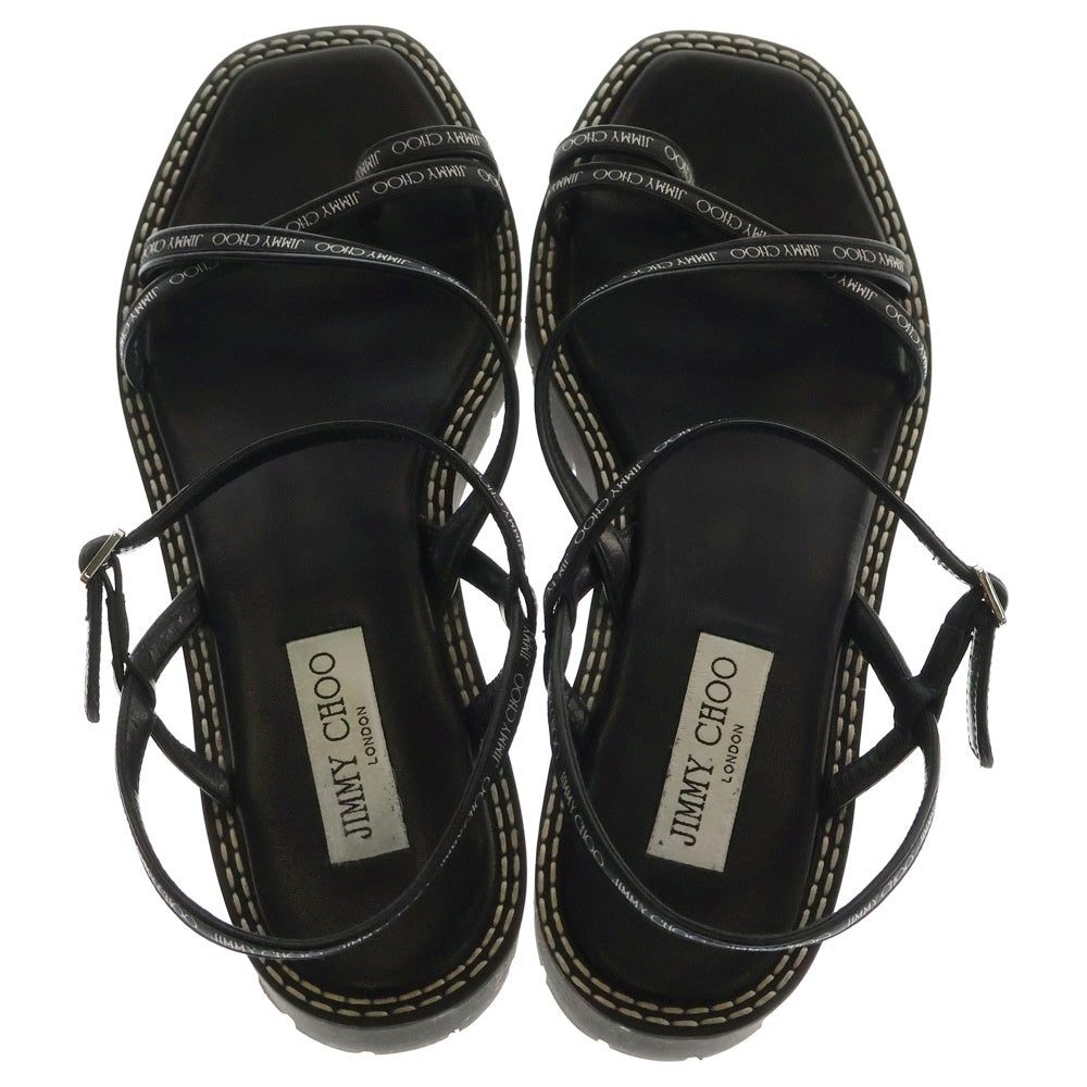 JIMMY CHOO(ジミーチュウ) ロゴプリント ストラップ レザー フラットサンダル ブラック レディース