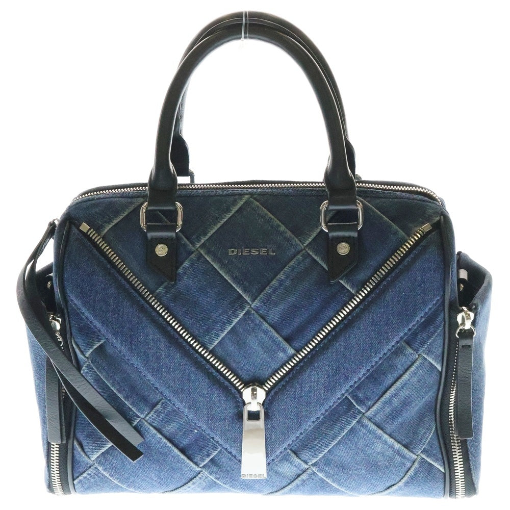 DIESEL(ディーゼル) LE-ZIPPER ジップデザイン デニム レザー 2WAY ハンド ショルダーバッグ インディゴ/ブラック