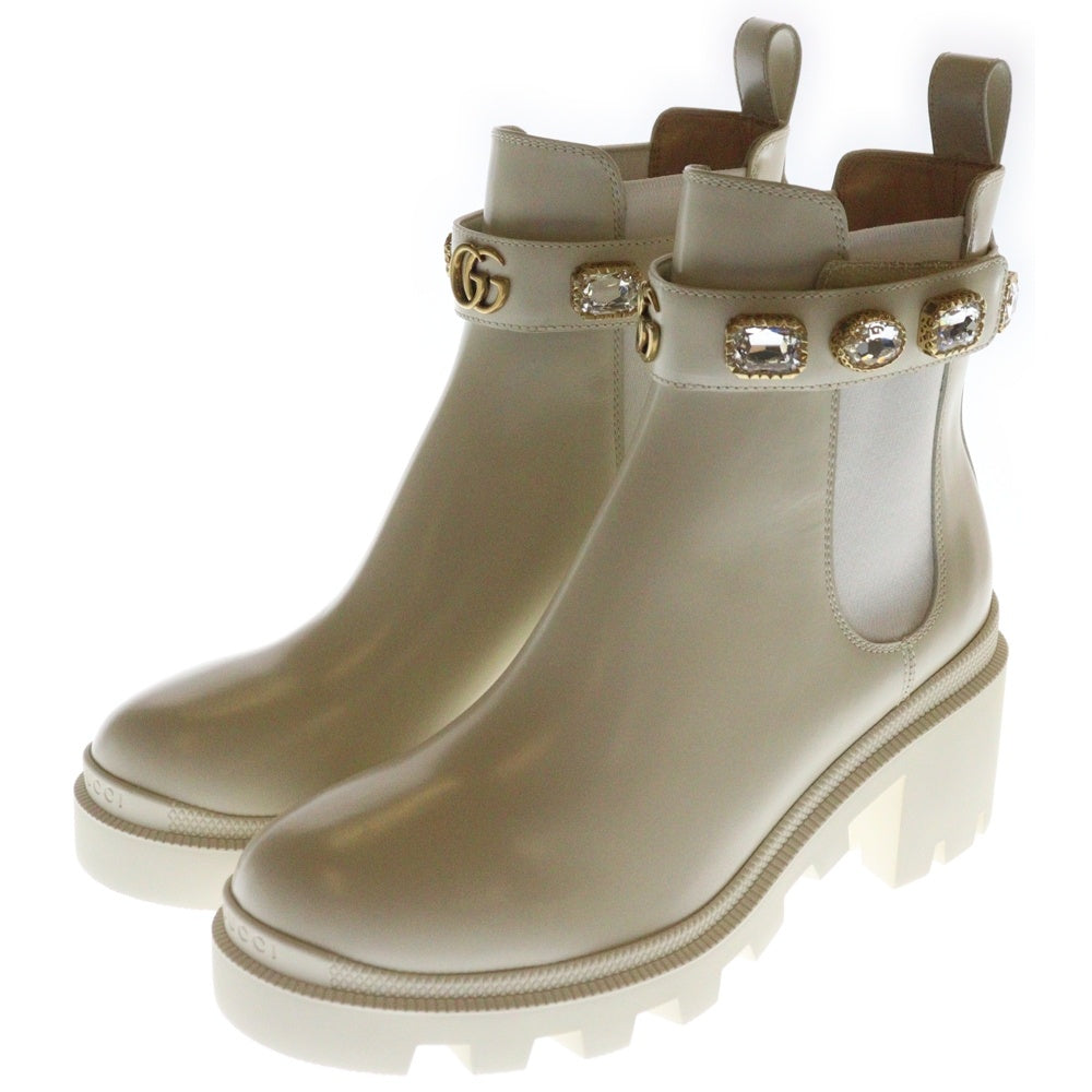 GUCCI(グッチ) アンクルブーツ ベージュ レザー サイドゴア クリスタル 37.5