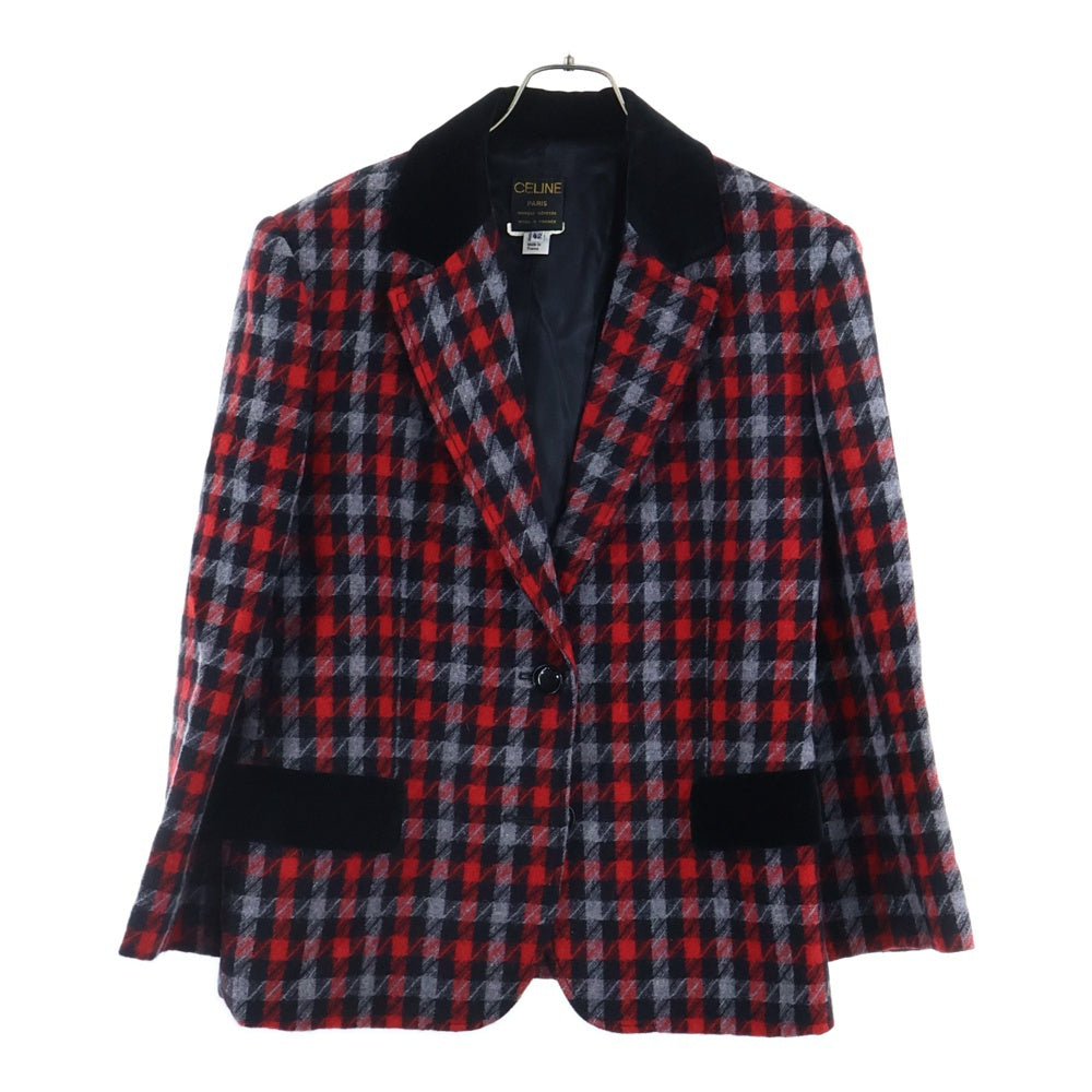 CELINE(セリーヌ) Houndstooth ハウンドトゥース パテッド ショルダー ベロアカラー テーラードジャケット レッド 千鳥