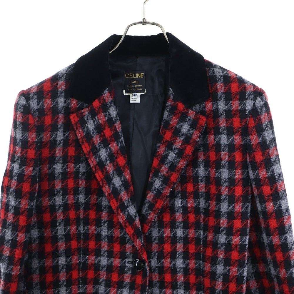 CELINE(セリーヌ) Houndstooth ハウンドトゥース パテッド ショルダー ベロアカラー テーラードジャケット レッド 千鳥