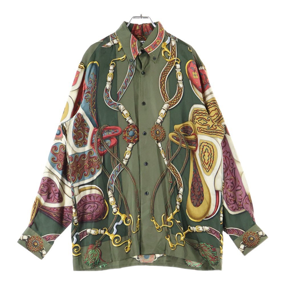 HERMES(エルメス) 馬具 総柄プリント セリエカフスボタン シルク ロングスリーブ 長袖シャツ カーキ/グリーン