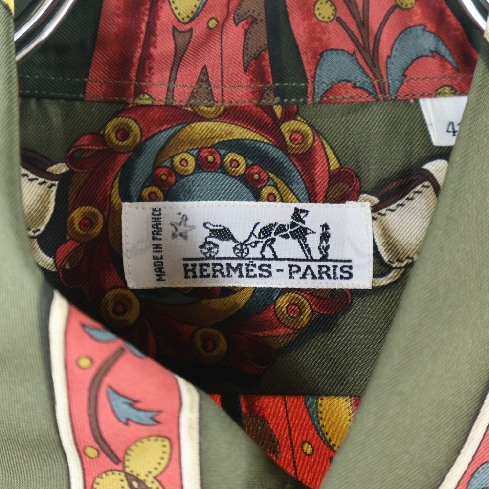 HERMES(エルメス) 馬具 総柄プリント セリエカフスボタン シルク ロングスリーブ 長袖シャツ カーキ/グリーン