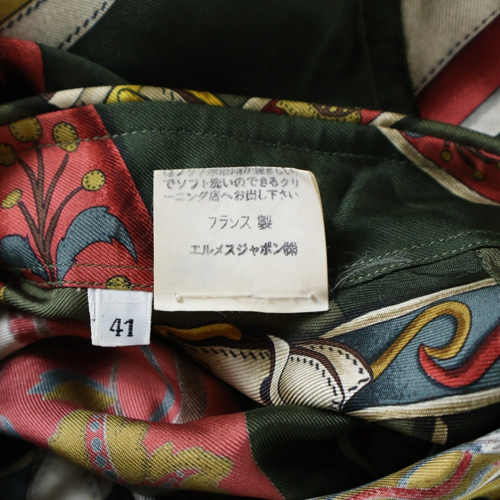 HERMES(エルメス) 馬具 総柄プリント セリエカフスボタン シルク ロングスリーブ 長袖シャツ カーキ/グリーン