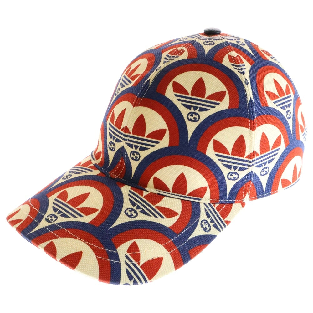 GUCCI(グッチ) ×adidas Trefoil Print Baseball アディダス トレフォイルロゴ プリント 総柄 キャンバス レザー 6パネル ベースボールキャップ レッド/ブルー 696485