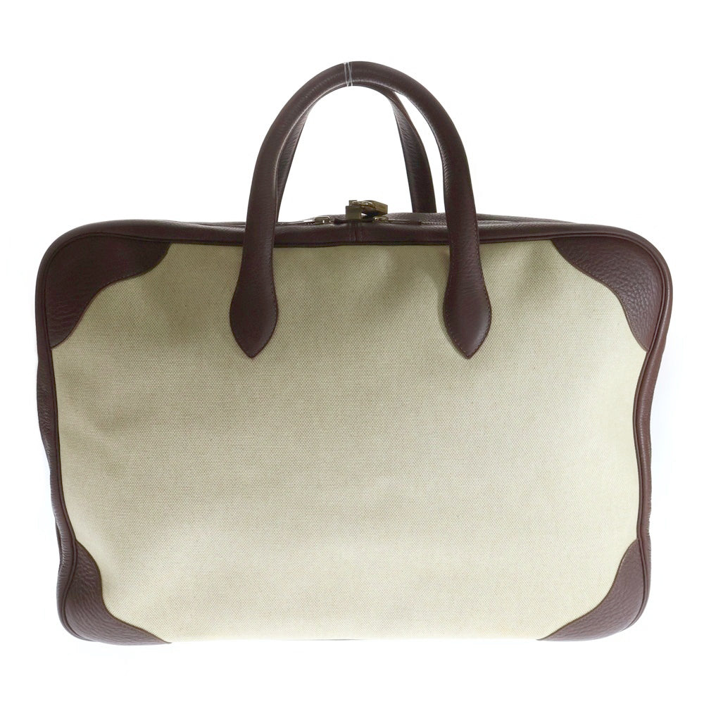 HERMES(エルメス) ヴィクトリア50 ハンドバッグ ボストンバッグ アイボリー×ブラウン トワルアッシュ ゴールド金具