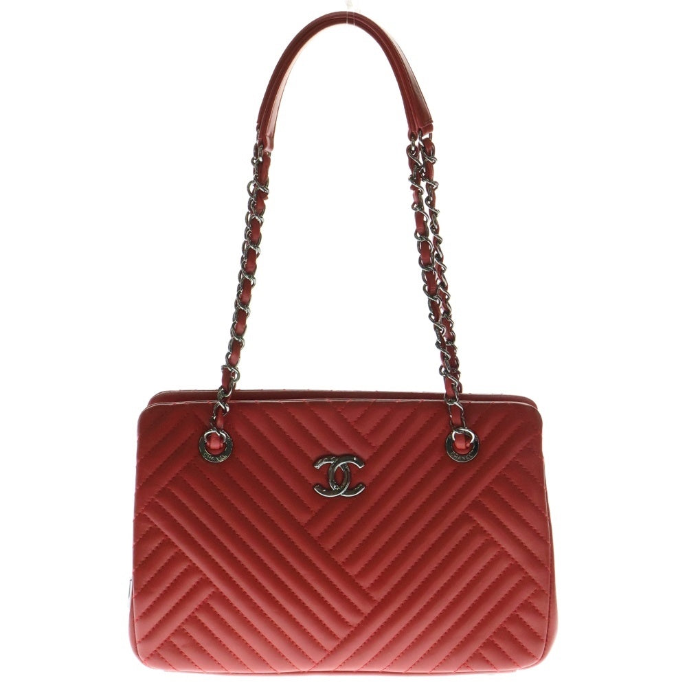CHANEL(シャネル) チェーンショルダーバッグ ハンドバッグ レッド ココマーク ラムスキン Vステッチ シルバー金具