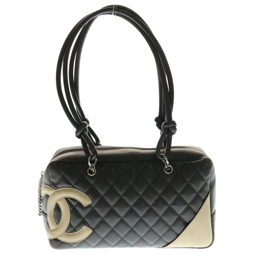 CHANEL(シャネル) カンボンライン キルティング ボーリングバッグ ハンドバッグ ブラウン×アイボリー ラムスキン シルバー金具 A25171