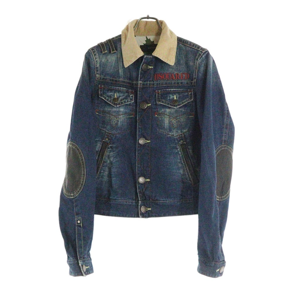 DSQUARED2(ディースクエアード) ロゴ刺繍 襟コーデュロイ エルボーパッチ レザーポケット デニム トラッカージャケット インディゴ
