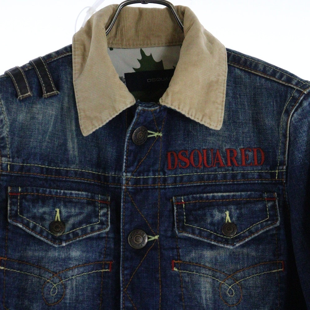 DSQUARED2(ディースクエアード) ロゴ刺繍 襟コーデュロイ エルボーパッチ レザーポケット デニム トラッカージャケット インディゴ