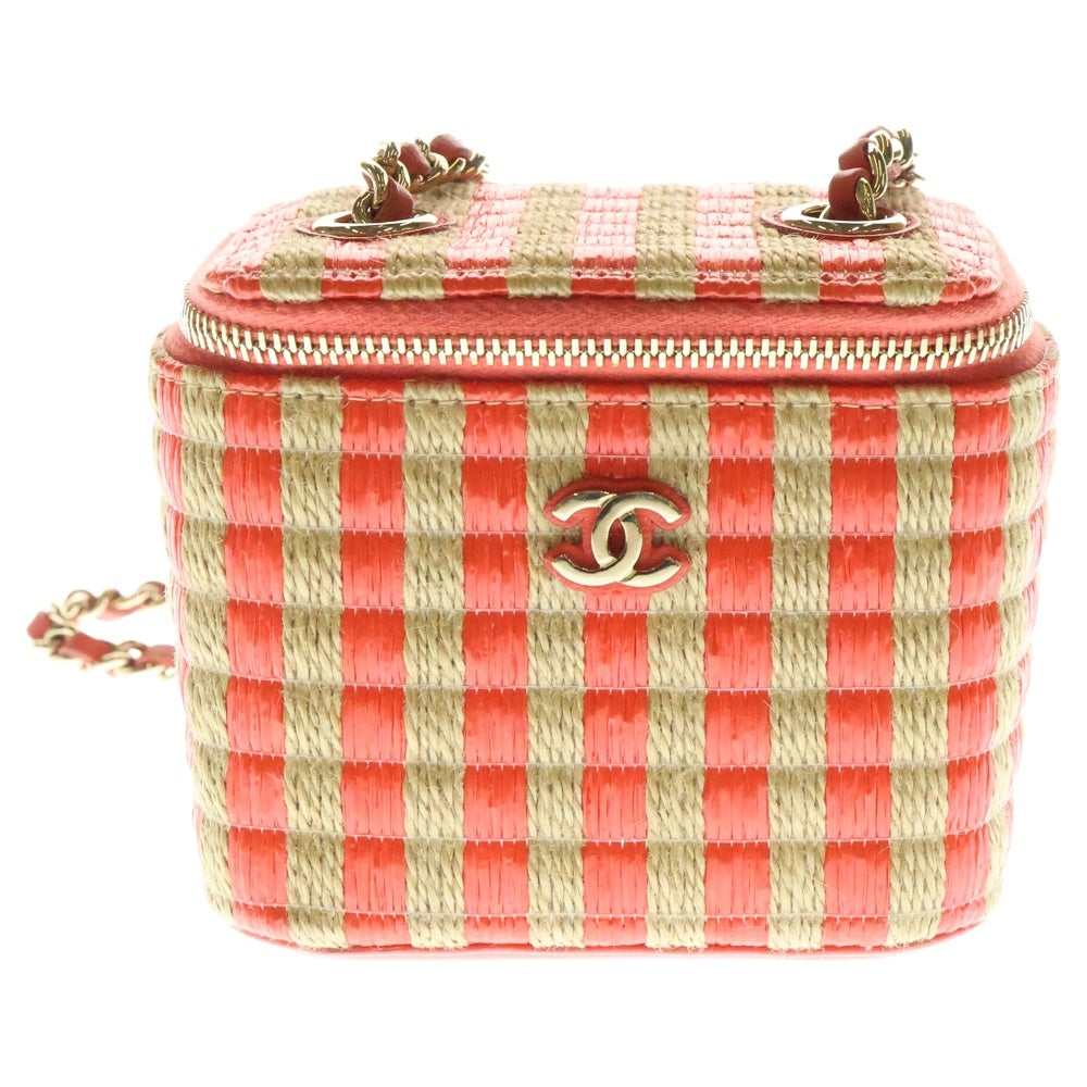 CHANEL(シャネル) ココマーク チェーンバニティバッグ ミニバッグ ショルダーバッグ カゴバッグ オレンジ×ブラウン ラフィア ゴールド金具