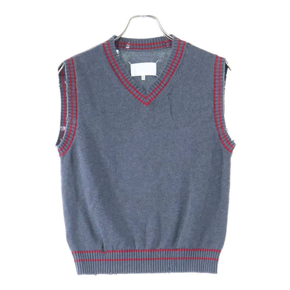Maison Margiela 0(メゾンマルジェラ) 20SS 白タグ カシミヤ混 コットン ダメージ加工 Vネック ノースリーブ ニットベスト セーター グレー S29HA0563