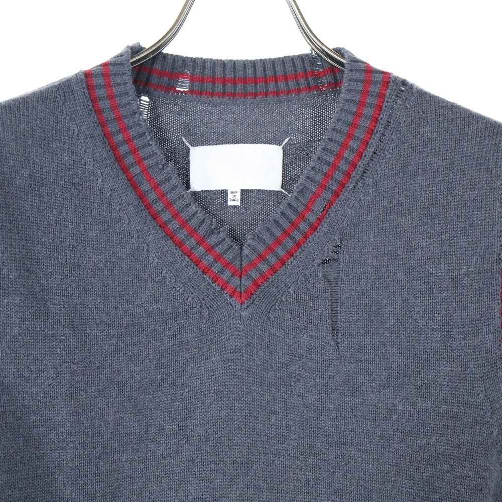Maison Margiela 0(メゾンマルジェラ) 20SS 白タグ カシミヤ混 コットン ダメージ加工 Vネック ノースリーブ ニットベスト セーター グレー S29HA0563