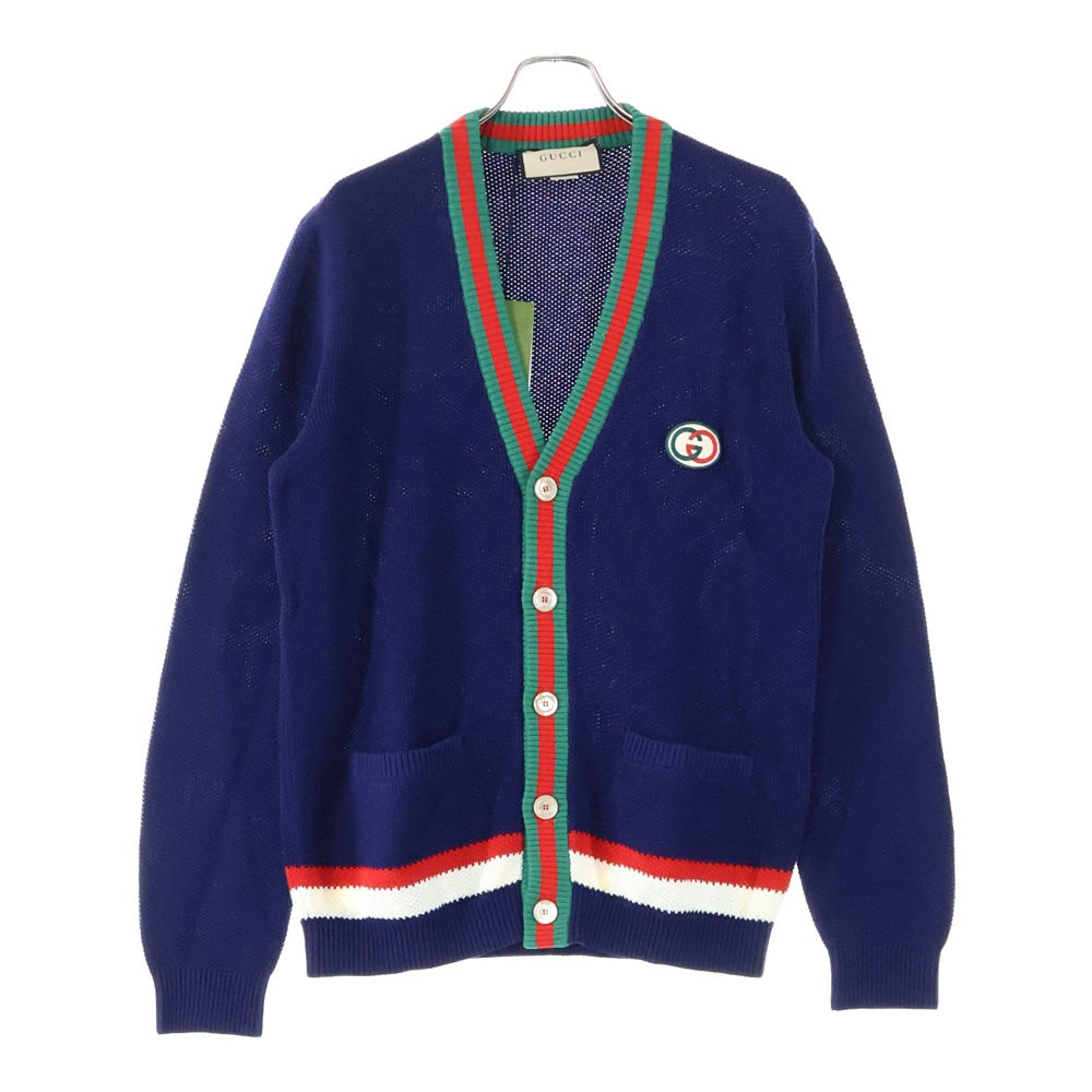 GUCCI(グッチ) インターロッキングG ロゴ刺繍 ウェブ シェリーライン シェルボタン コットンニット カーディガン ネイビー 752251
