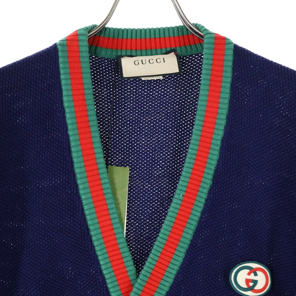 GUCCI(グッチ) インターロッキングG ロゴ刺繍 ウェブ シェリーライン シェルボタン コットンニット カーディガン ネイビー 752251