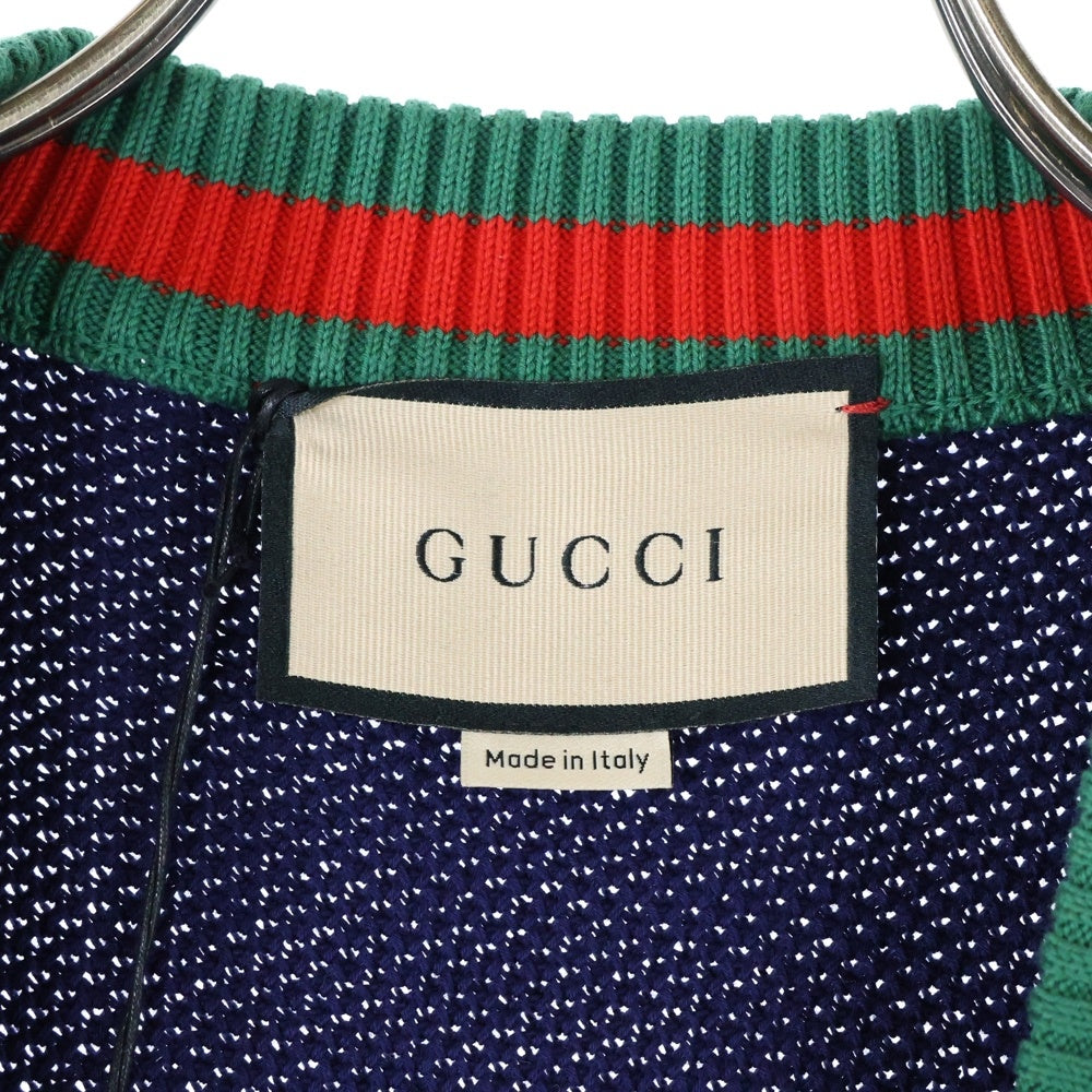 GUCCI(グッチ) インターロッキングG ロゴ刺繍 ウェブ シェリーライン シェルボタン コットンニット カーディガン ネイビー 752251