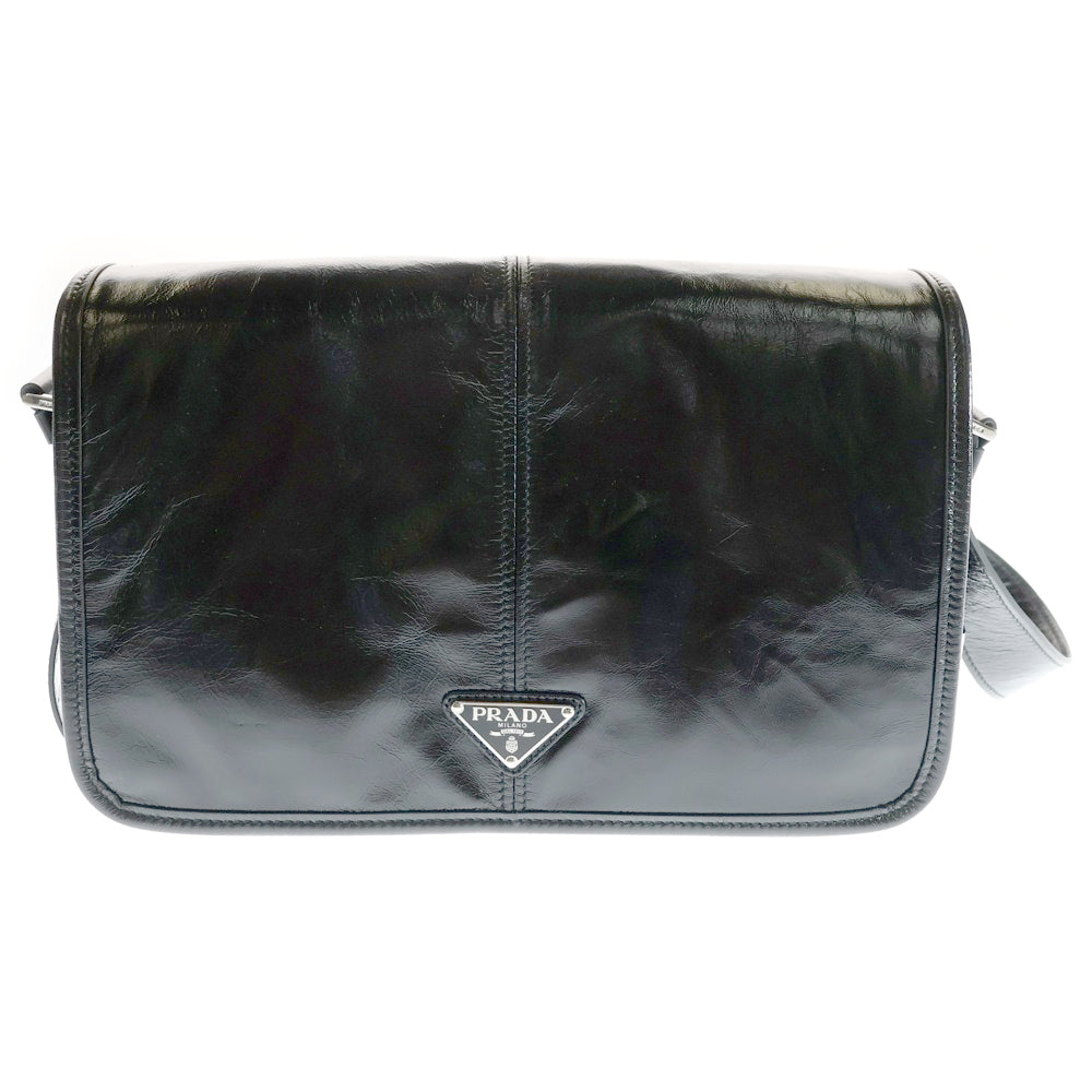 PRADA(プラダ) ソフトルックスレザー トライアングルロゴプレート ショルダーバッグ シルバー金具 ブラック 2VD073