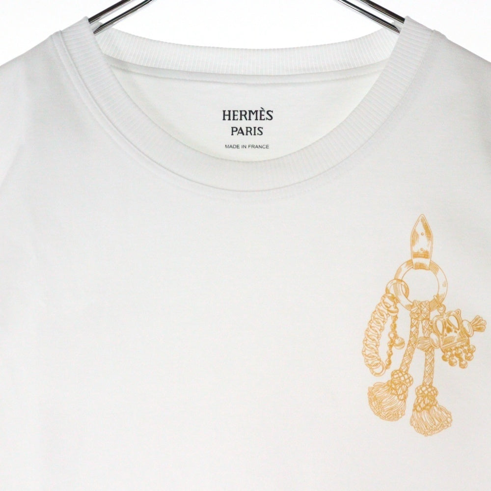 HERMES(エルメス) カルトゥッシュ 馬具 チェーンプリント クルーネック 半袖Tシャツ カットソー ホワイト レディース 5H4632DC