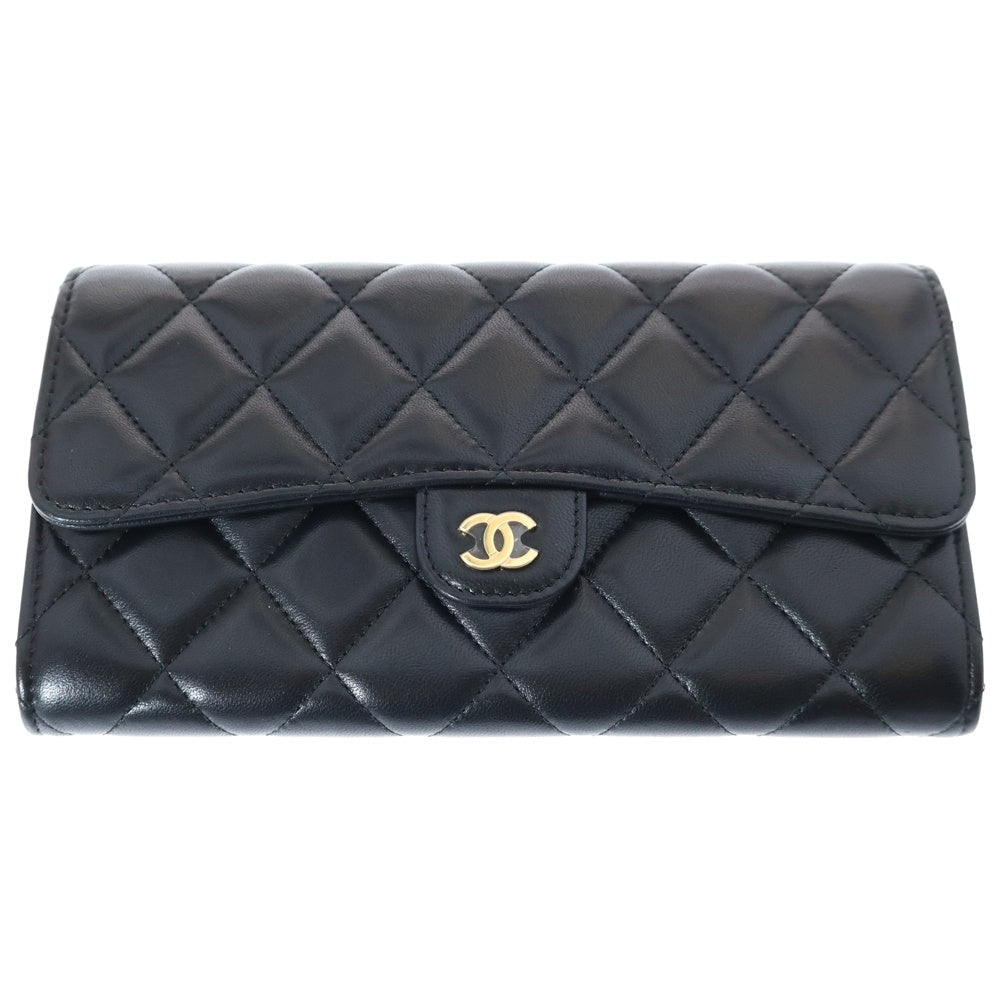 CHANEL(シャネル) ココマーク マトラッセ ラムスキン クラシックフラップレザーロングウォレット 二つ折り長財布 ブラック レディース