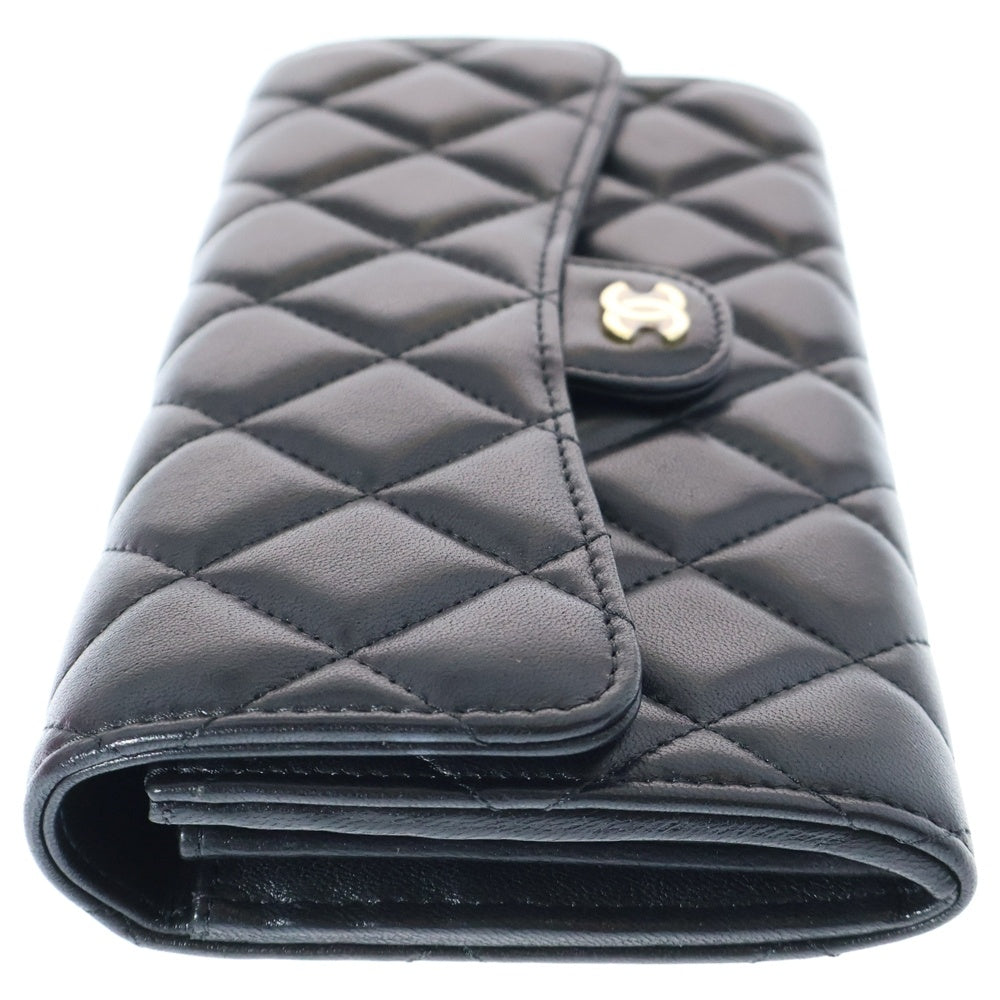 CHANEL(シャネル) ココマーク マトラッセ ラムスキン クラシックフラップレザーロングウォレット 二つ折り長財布 ブラック レディース