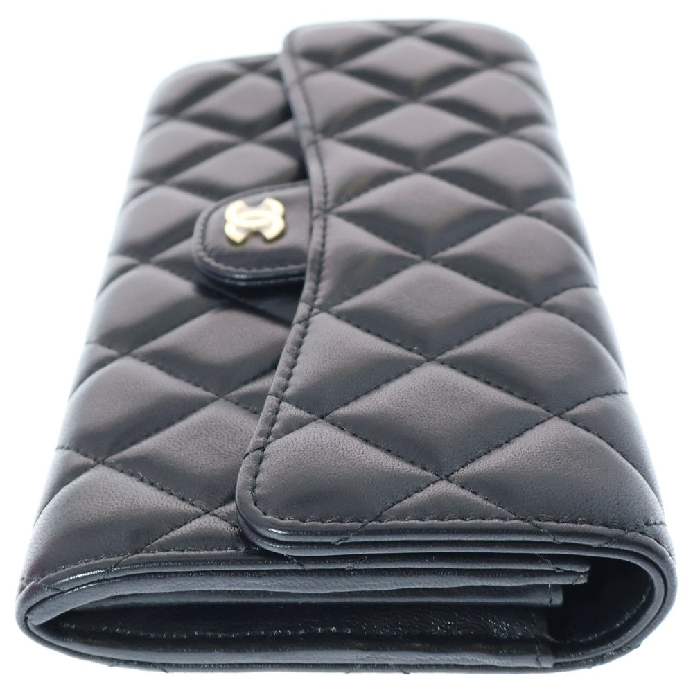 CHANEL(シャネル) ココマーク マトラッセ ラムスキン クラシックフラップレザーロングウォレット 二つ折り長財布 ブラック レディース