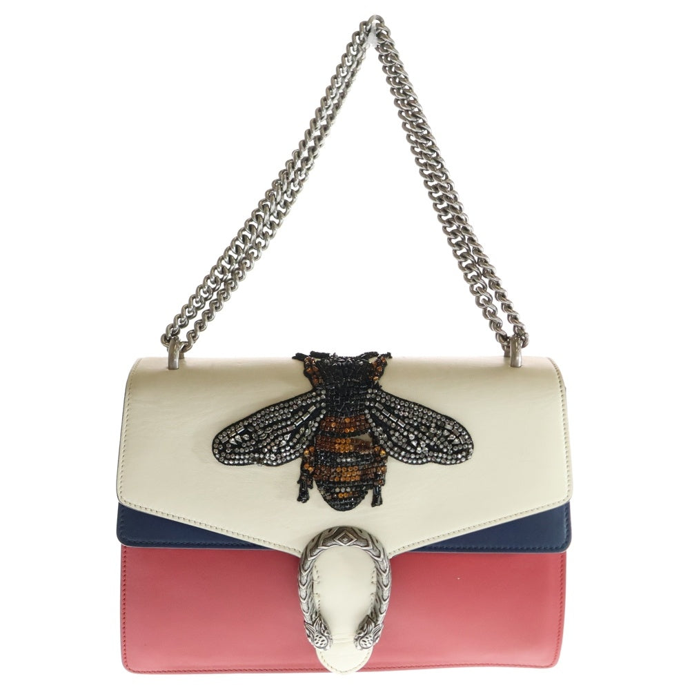 GUCCI(グッチ) ディオニュソス クリスタルビー アップリケ チェーンショルダーバッグ ホワイト×レッド シルバー金具 レザー 403348