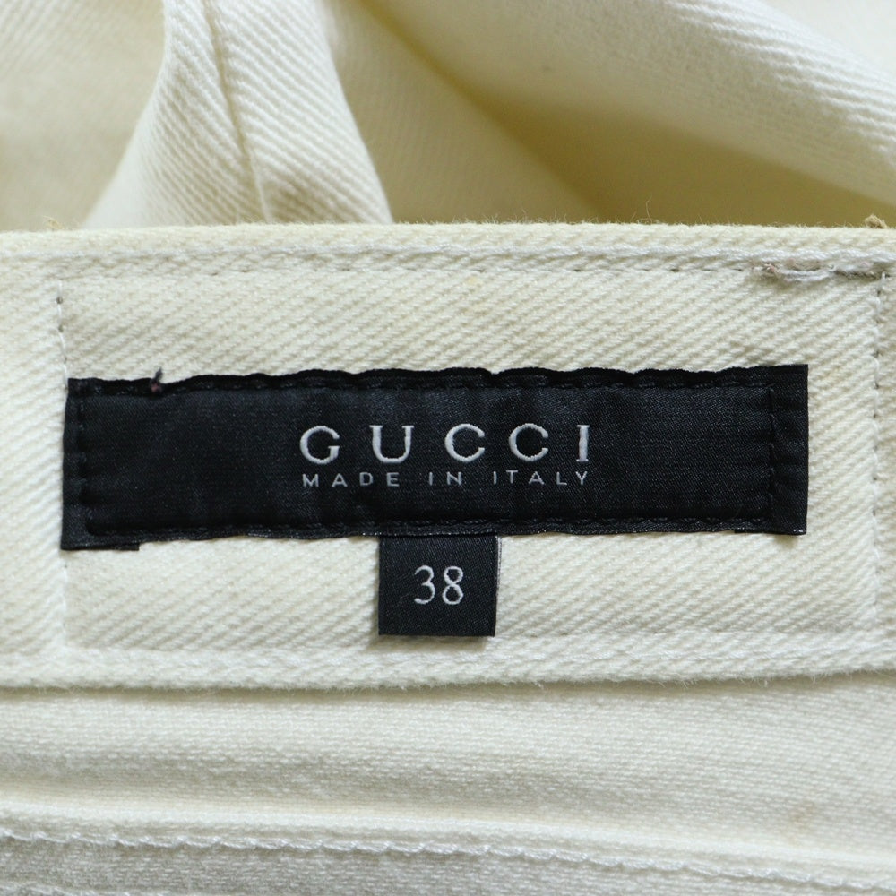 GUCCI(グッチ) アンカーチャーム ロゴ刺繍 レザーロゴパッチ ストレートデニムパンツ ジーンズ ホワイト 172316