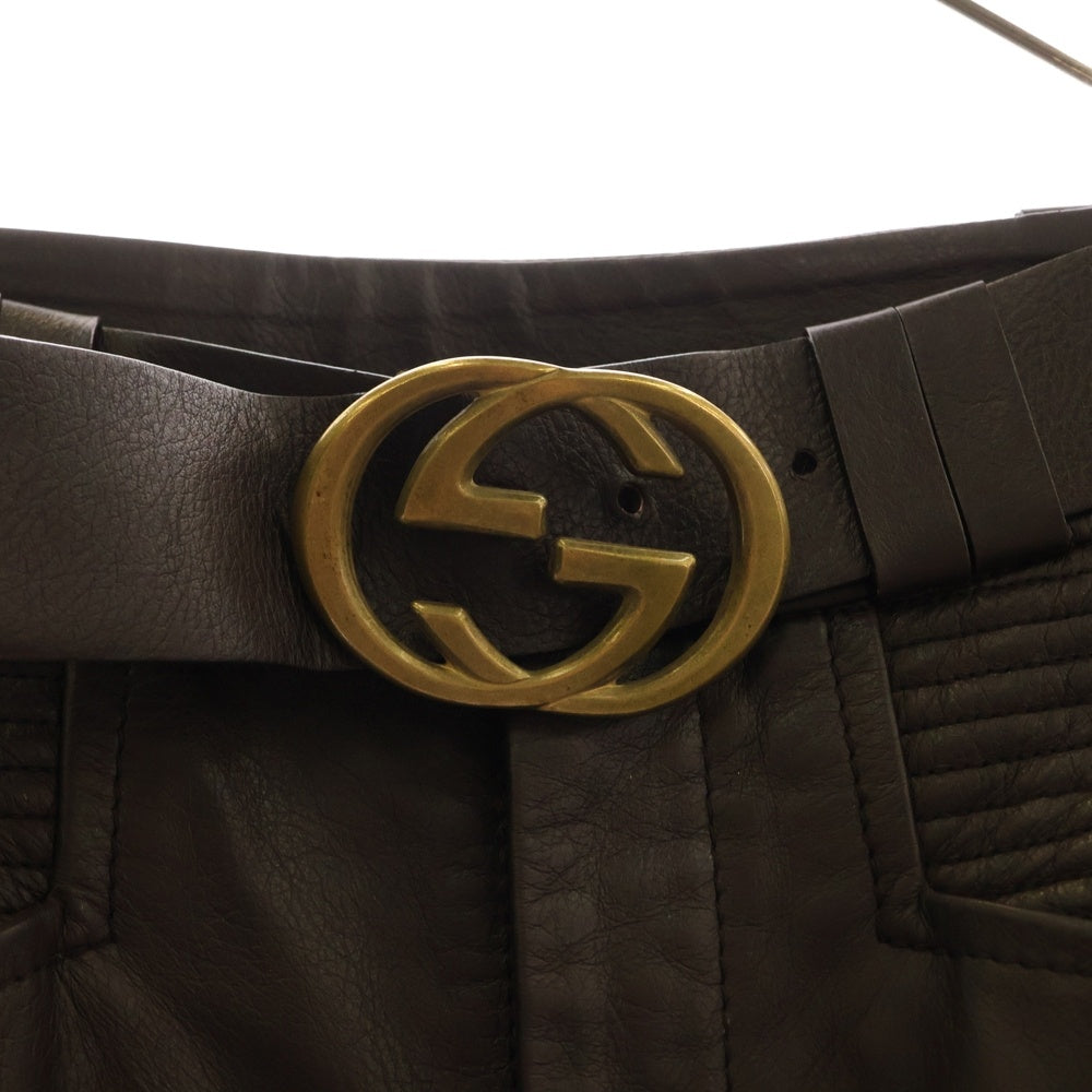 GUCCI(グッチ) インターロッキングG ベルト付き サイドジップ カウレザー ストレート パンツ ゴールド金具 ブラウン 119758