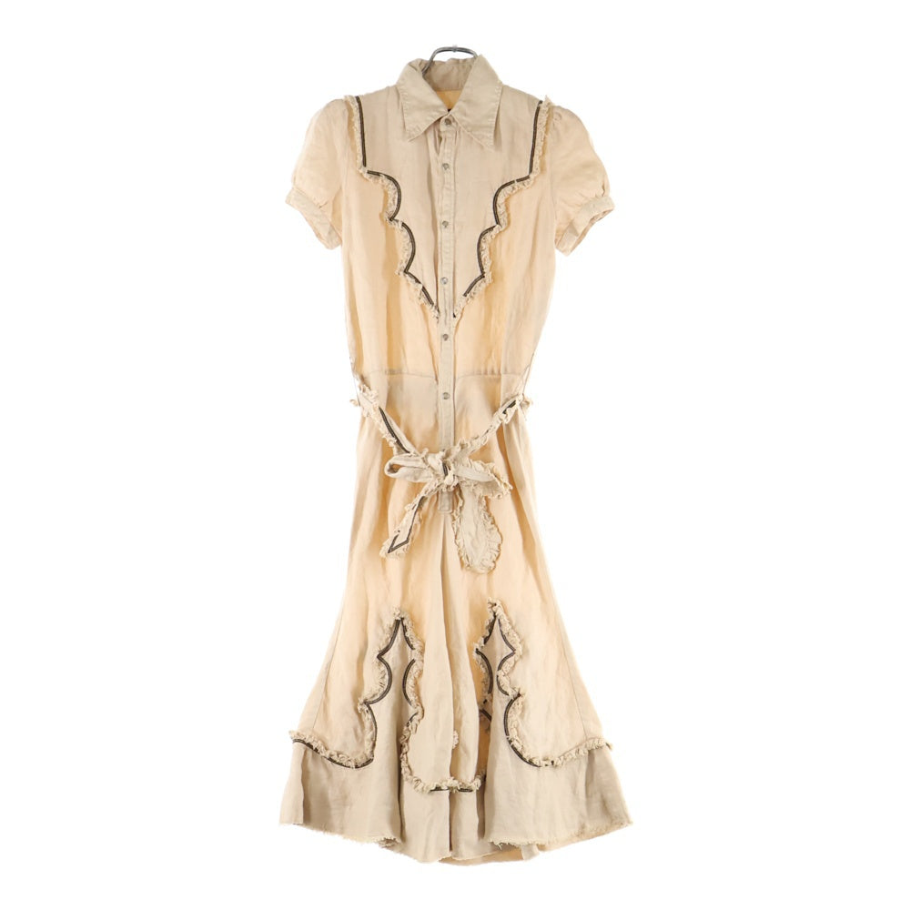 DSQUARED2(ディースクエアード) リネン レザーコード刺繍 カットオフ フリル スナップボタン パフスリーブ 半袖 ロング フレア ワンピース ベージュ レディース 73CT030PPT