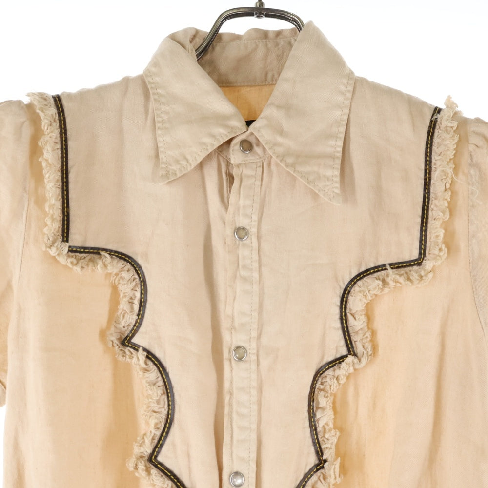 DSQUARED2(ディースクエアード) リネン レザーコード刺繍 カットオフ フリル スナップボタン パフスリーブ 半袖 ロング フレア ワンピース ベージュ レディース 73CT030PPT